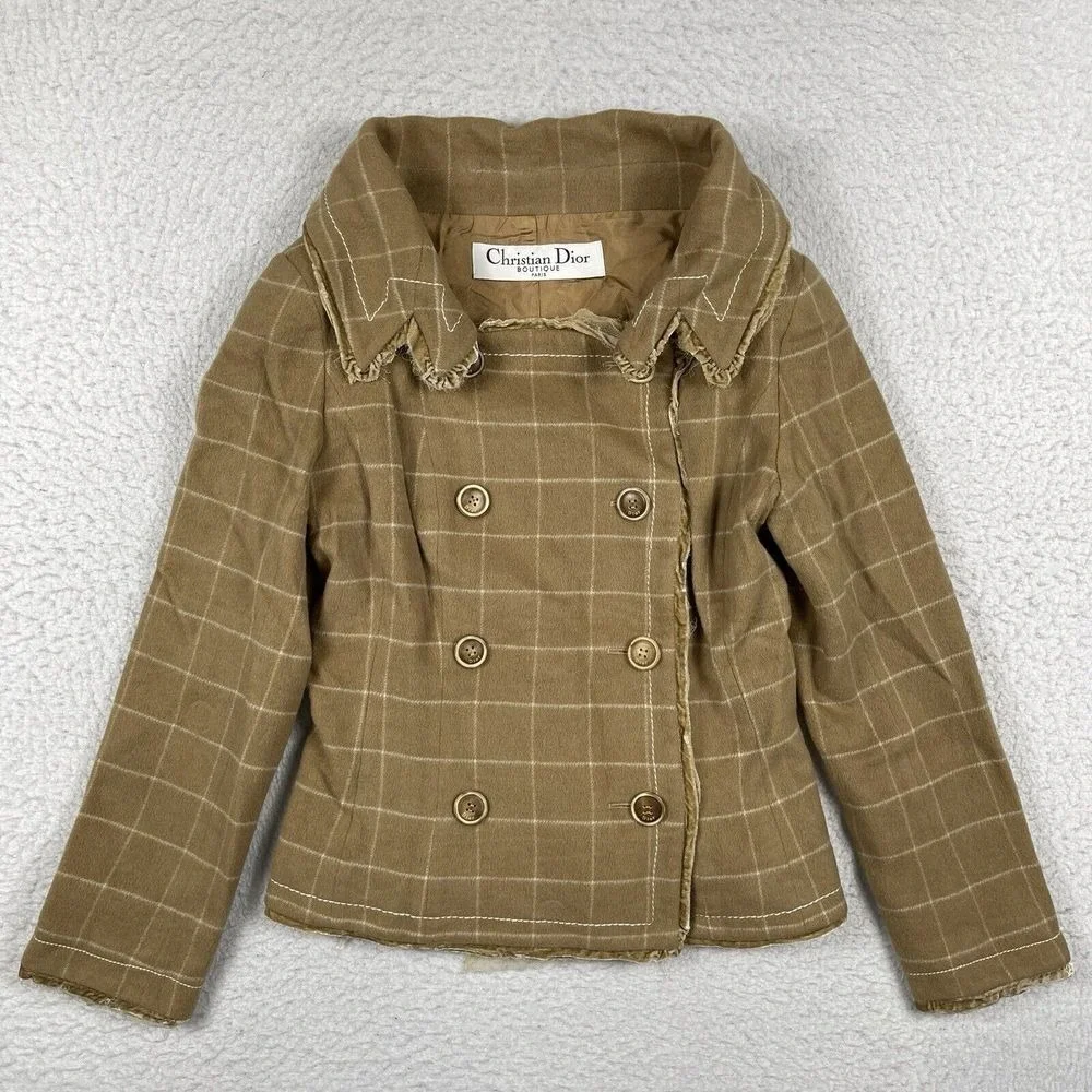 Christian Dior Jacket Womens 6 Tan‎ Wool Angora Windowpane Deconstructed France